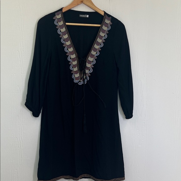 Earthbound - Black Colorful Embroidered V Neck Lace Up Long Sleeve Blouse Size L - Picture 10 of 12